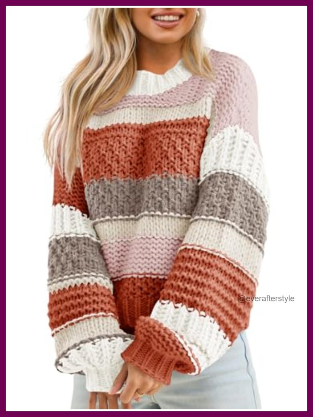 Women's Chunky Knit Striped Cropped Pullover Sweater Color Block Casual
